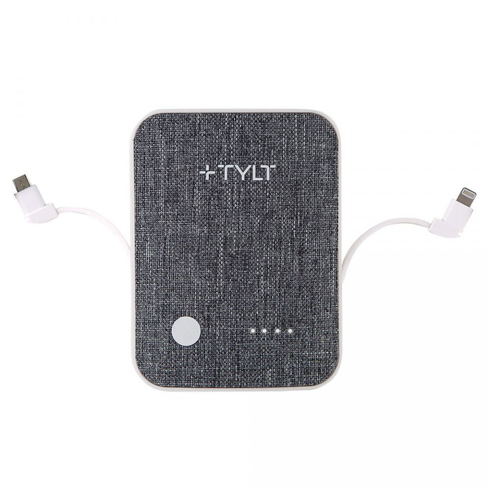 Tylt 6700mAh xcele3 Battery Pack with Lightning & Micro USB Cables - Grey Fabric